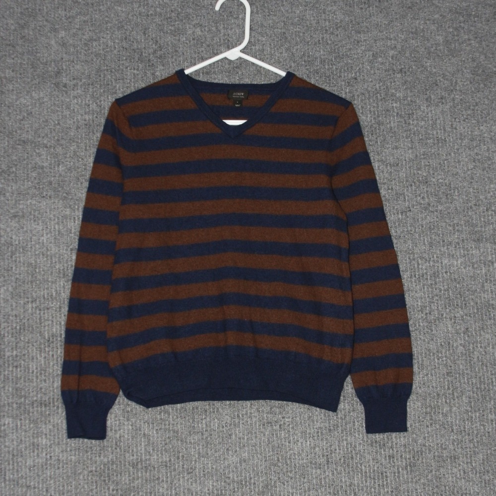 J Crew Sweater Kids M Navy Brown Cozy School Pullover Merino Wool Striped V Neck